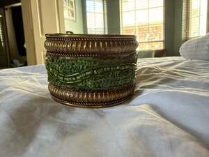 Vintage Boho Wide Brass Cuff Bracelet with Green Beading and Sequins